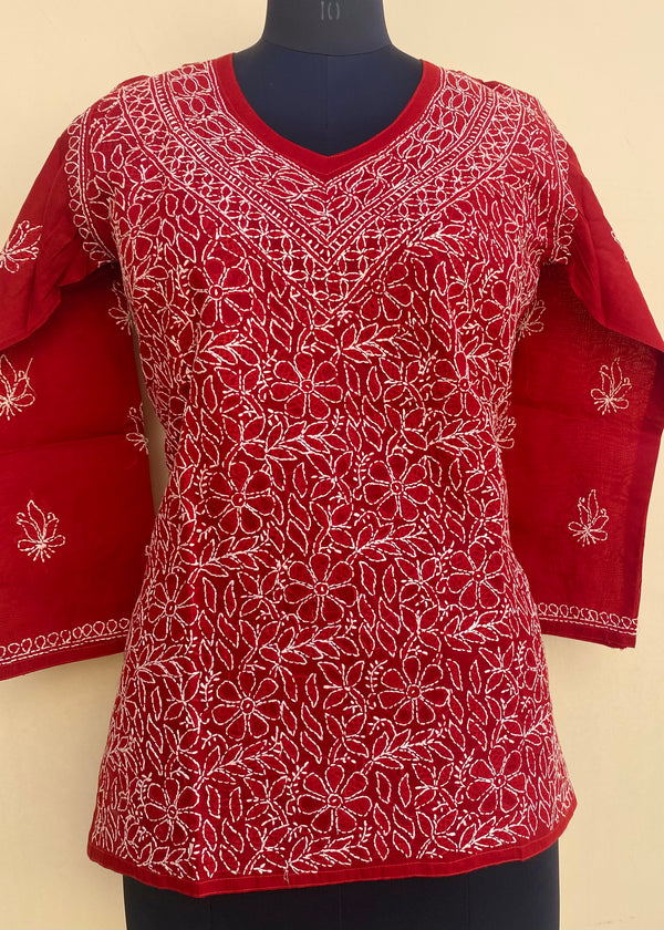 Lucknowi Chikankari Short Kurti Maroon Cotton