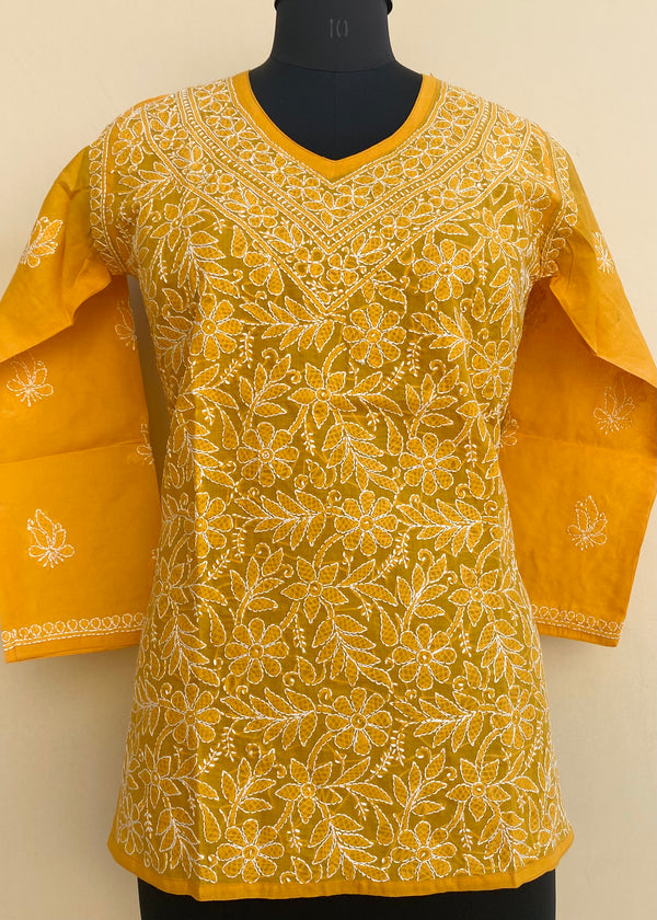 Lucknowi Chikankari Short Kurti Mustard Cotton