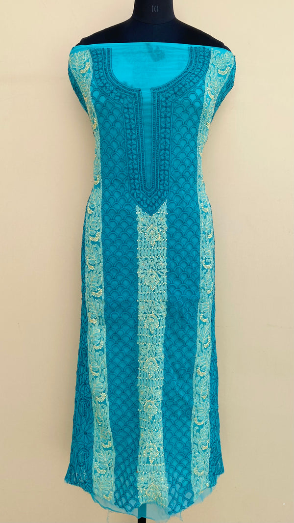 Lucknowi Chikankari Kurta Length Blue Georgette