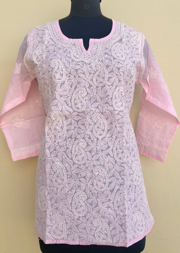 Lucknowi Chikankari Short Kurti Pink Cotton