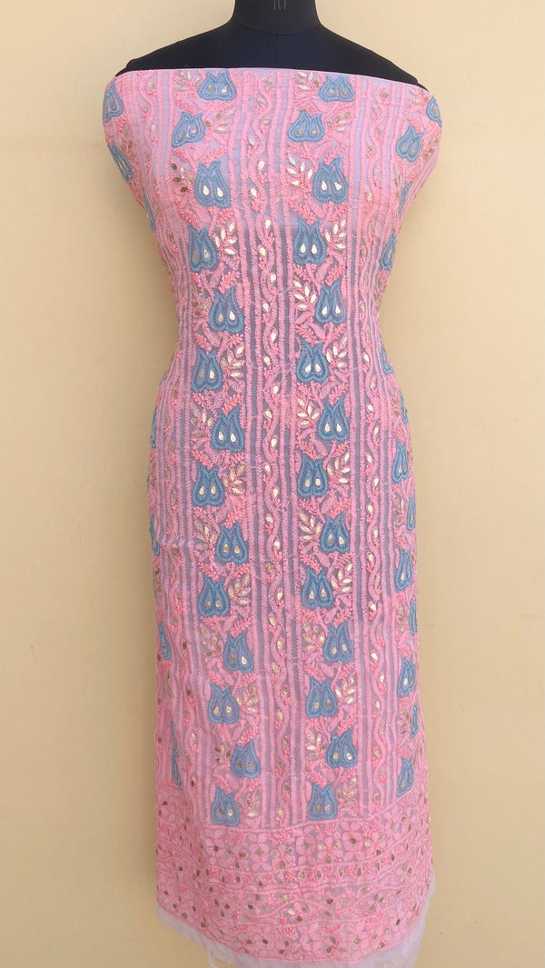 Lucknowi Chikankari Kurta Length Pink Georgette With Gotta Patti Work