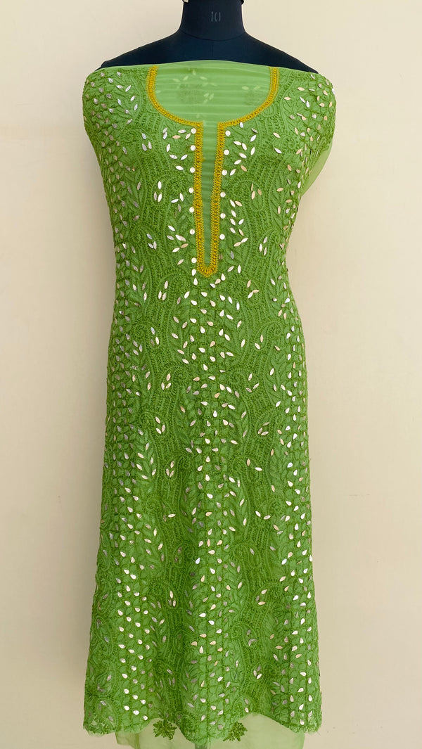 Lucknowi Chikankari Kurta Length Green Georgette With Gotta Patti Work