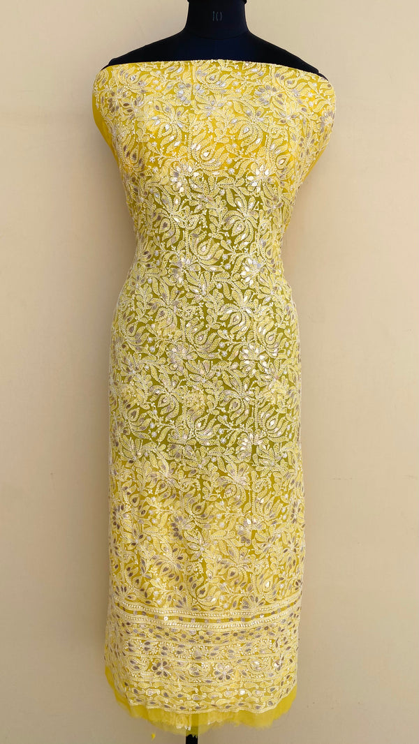 Lucknowi Chikankari Kurta Length Yellow Georgette With Gotta Patti Work