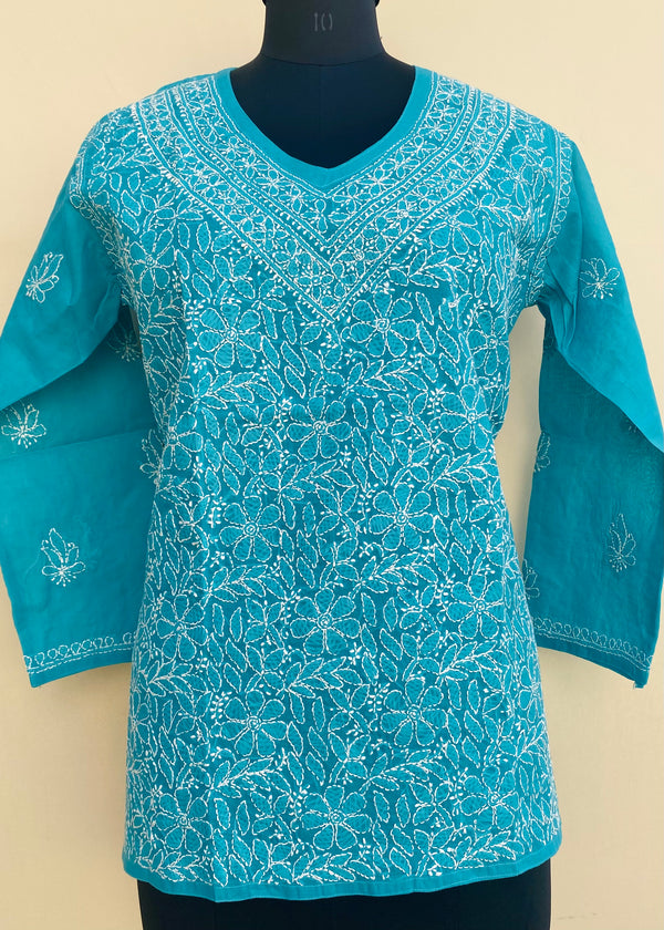 Lucknowi Chikankari Short Kurti Sea Green  Cotton