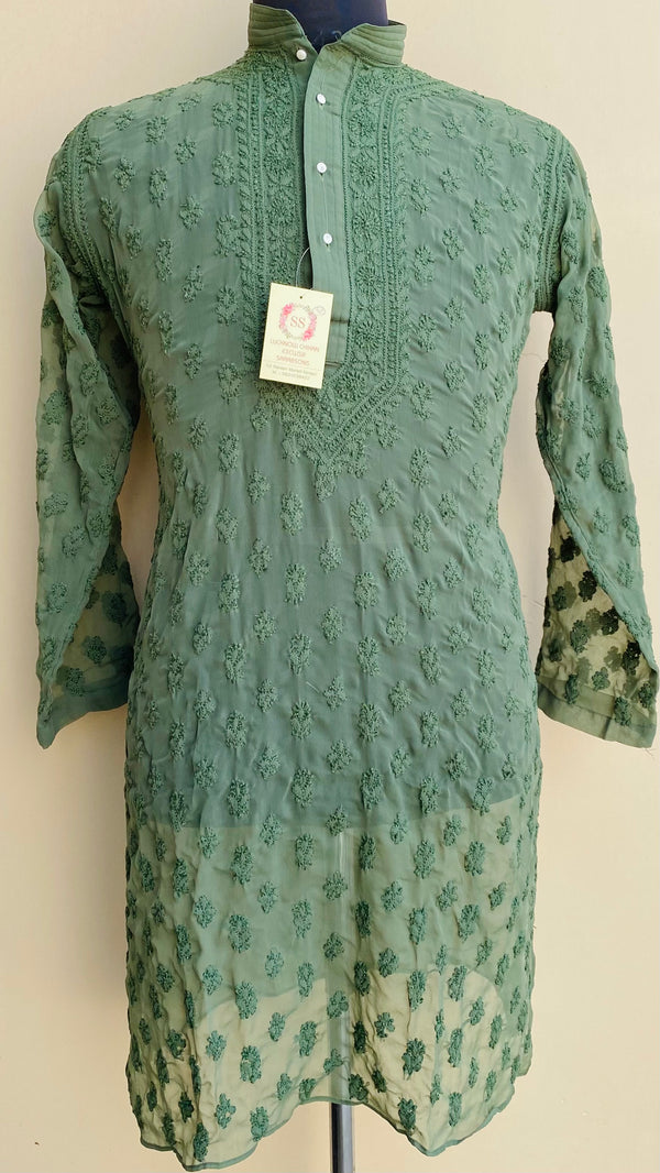 Lucknowi Chikankari Men’s Kurta Green Georgette