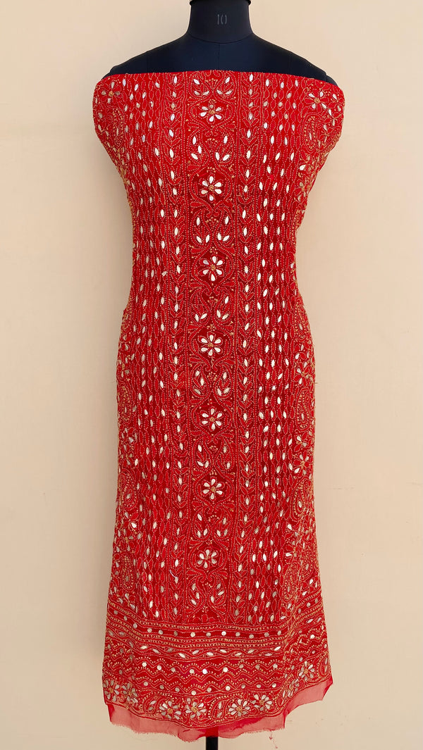 Lucknowi Chikankari Kurta Length Red Georgette With Gotta Patti Work