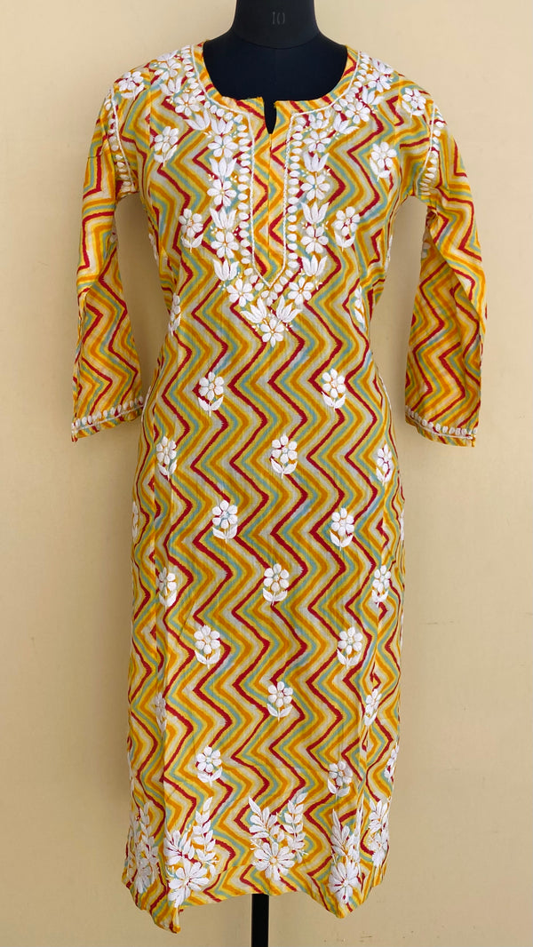 Lucknowi Chikankari Printed Kurti Yellow Mulmul Cotton