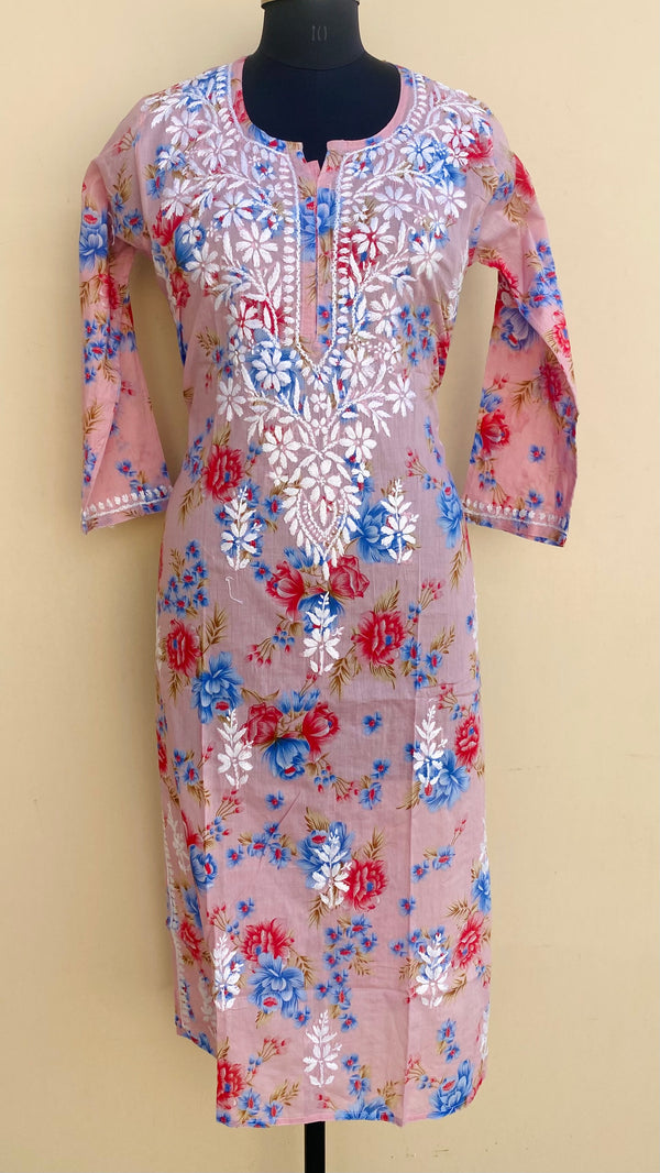 Lucknowi Chikankari Printed Kurti Pink Mulmul Cotton