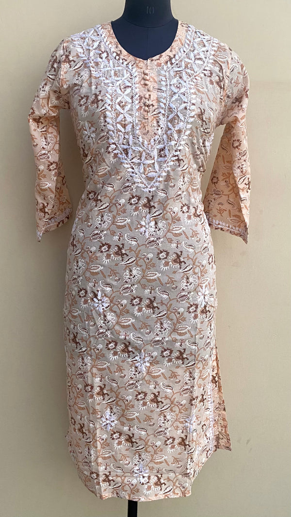 Lucknowi Chikankari Printed Kurti Peach Mulmul Cotton