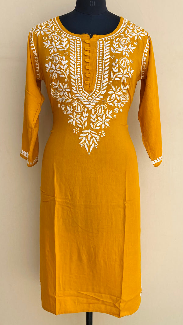 Lucknowi Chikankari Kurti Mustard Modal Cotton