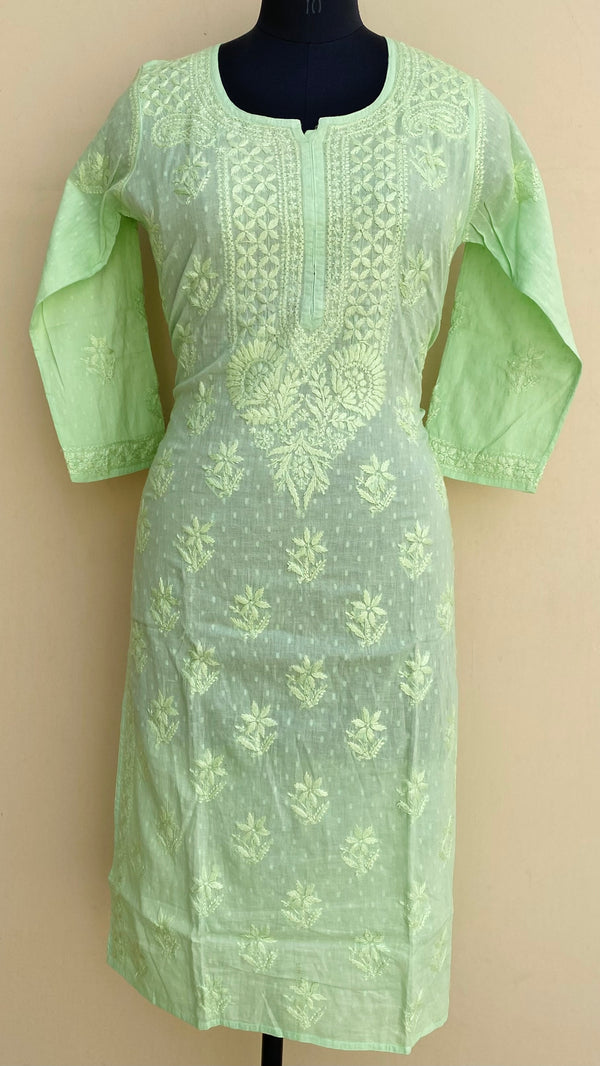 Lucknowi Chikankari Kurti Green Mulmul Cotton With Self 3D Work