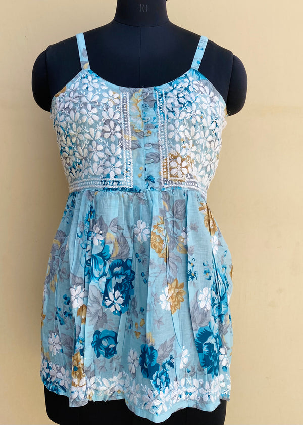 Lucknowi Chikankari Spaghetti Printed Short Kurti Blue Mulmul Cotton