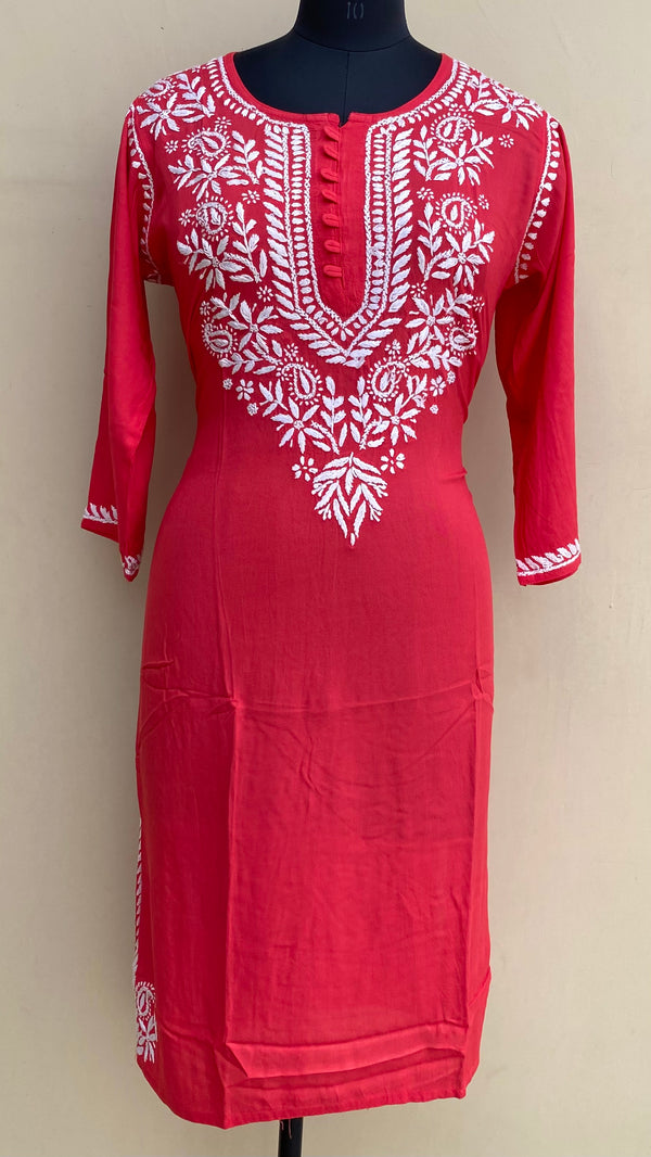 Lucknowi Chikankari Kurti Red Modal Cotton