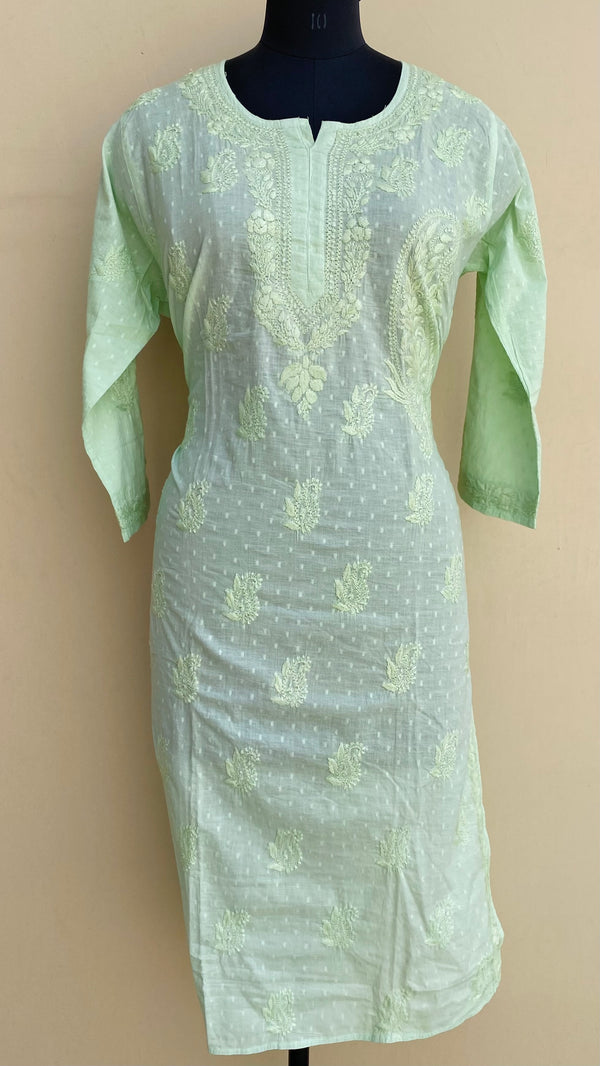 Lucknowi Chikankari Kurti Green Mulmul Cotton With Self 3D Work