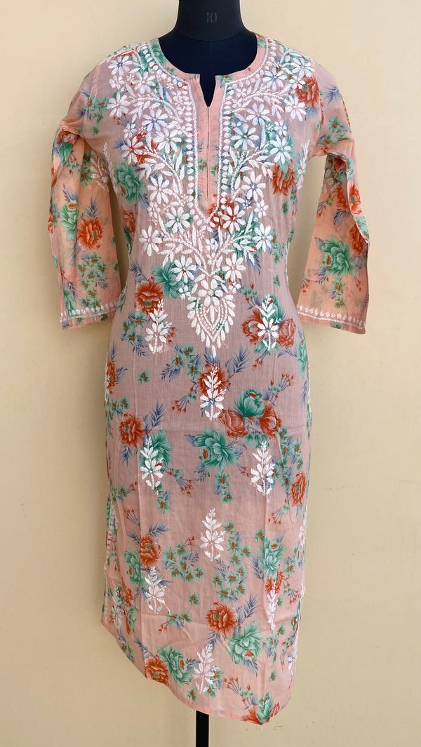 Lucknowi Chikankari Printed Kurti Peach Mulmul Cotton