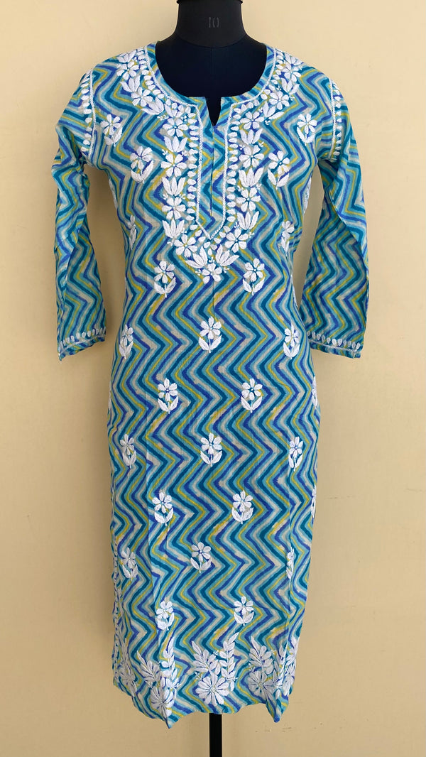 Lucknowi Chikankari Printed Kurti Blue Mulmul Cotton