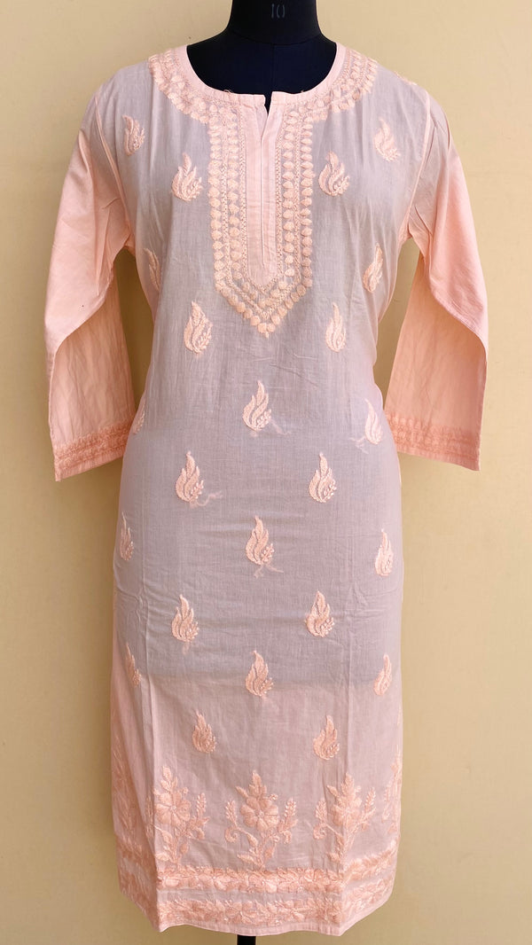 Lucknowi Chikankari Kurti Peach Mulmul Cotton With Self 3D Work