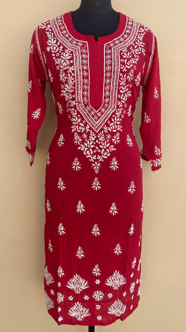 Lucknowi Chikankari Kurti Red Modal Cotton