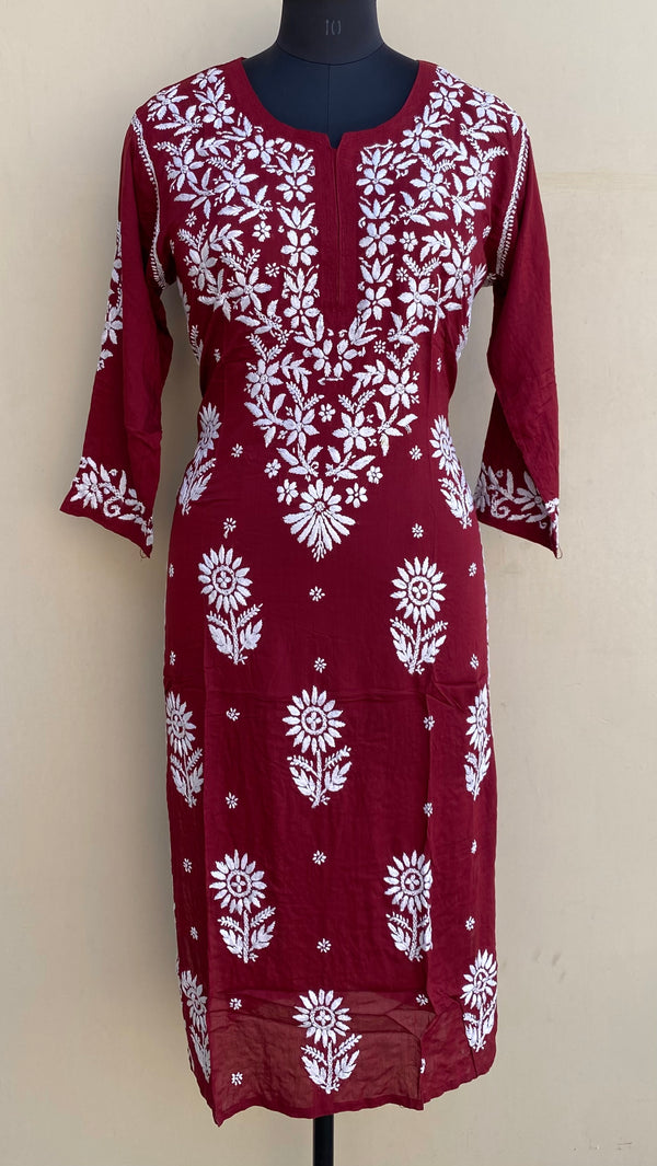 Lucknowi Chikankari Kurti Maroon Modal Cotton