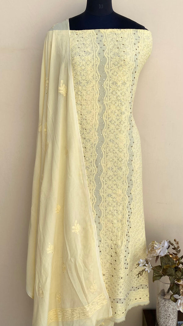 Lucknowi Chikankari Suit Length 2 Piece Yellow Pure Georgette With Mukaish Work