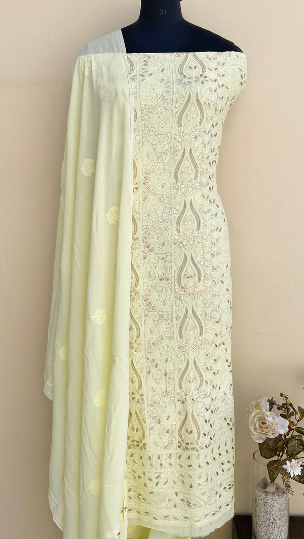 Lucknowi Chikankari Suit Length 2 Piece Lemon Yellow Pure Georgette With Gotta Patti Work