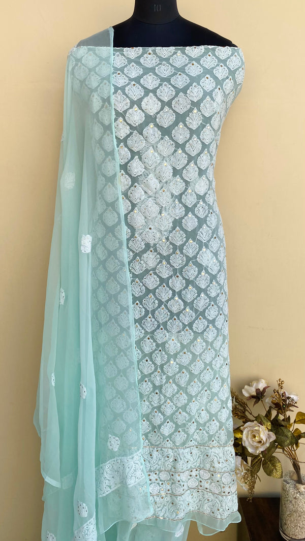 Lucknowi Chikankari Suit Length 3 Piece Sea Green Georgette