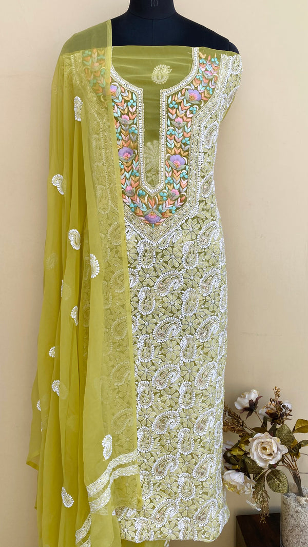 Lucknowi Chikankari Suit Length 3 Piece Mehandi Green Georgette With Parsi & Gotta Patti Work