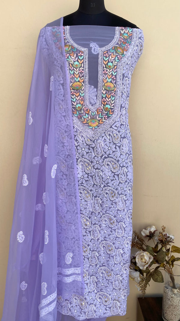 Lucknowi Chikankari Suit Length 3 Piece Purple Georgette