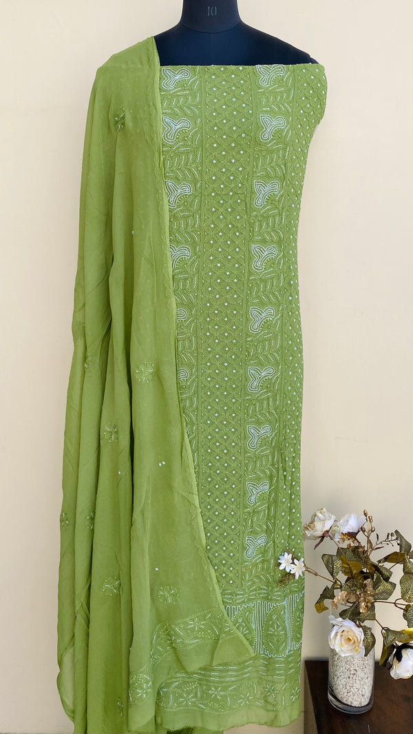 Lucknowi Chikankari Suit Length 2 Piece Mehandi Green Pure Georgette With Cut Dana Work