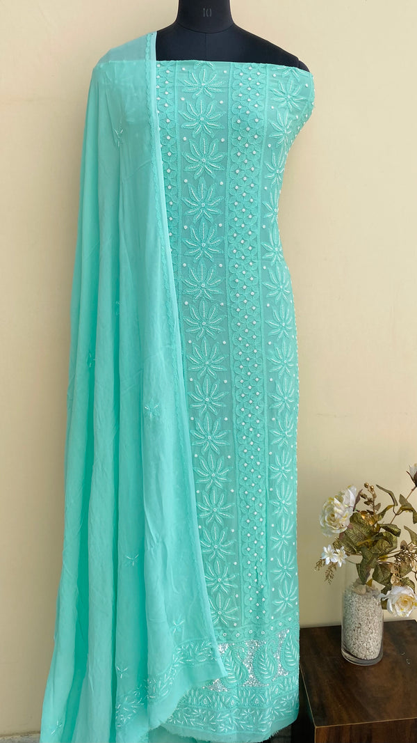 Lucknowi Chikankari Suit Length 2 Piece Sea Green Pure Georgette With Pearl & Sequence Work