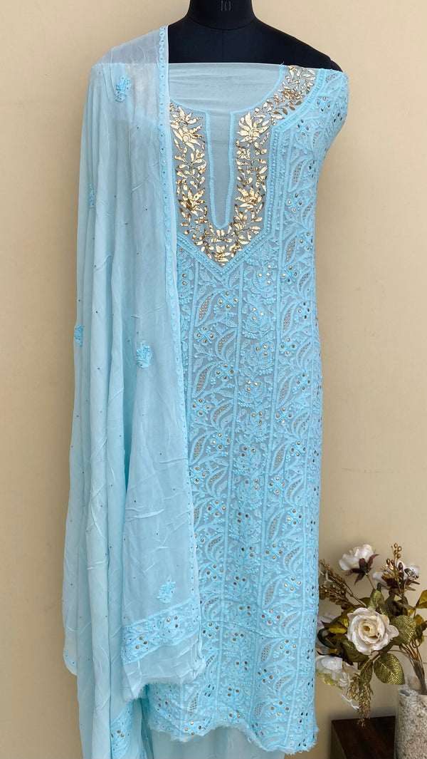 Lucknowi Chikankari Suit Length 2 Piece Powder Blue Pure Georgette With Mukaish Work