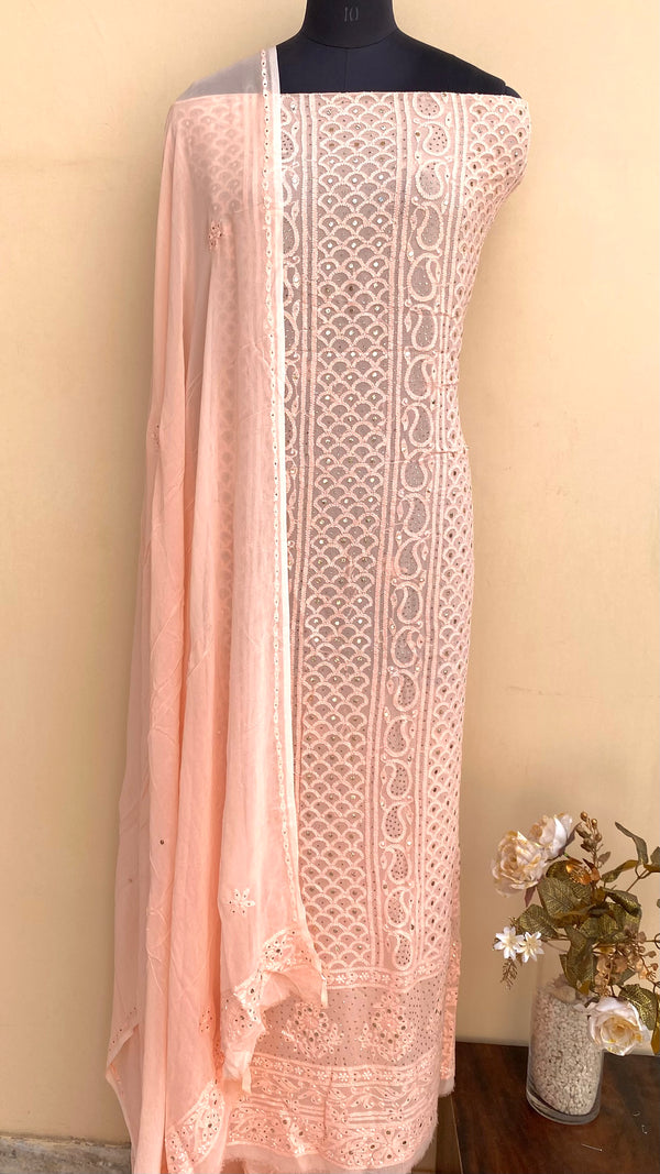 Lucknowi Chikankari Suit Length 2 Piece Peach Pure Georgette With Mukaish Work