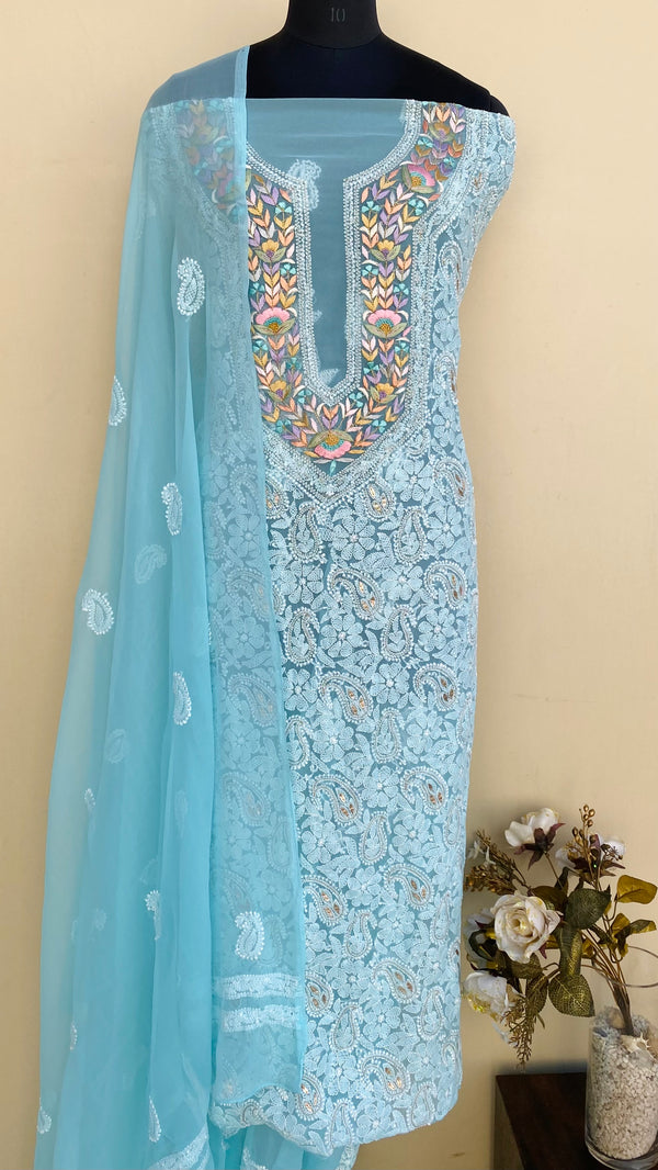 Lucknowi Chikankari Suit Length 3 Piece Blue Georgette With Gotta Patti & With Parsi Work