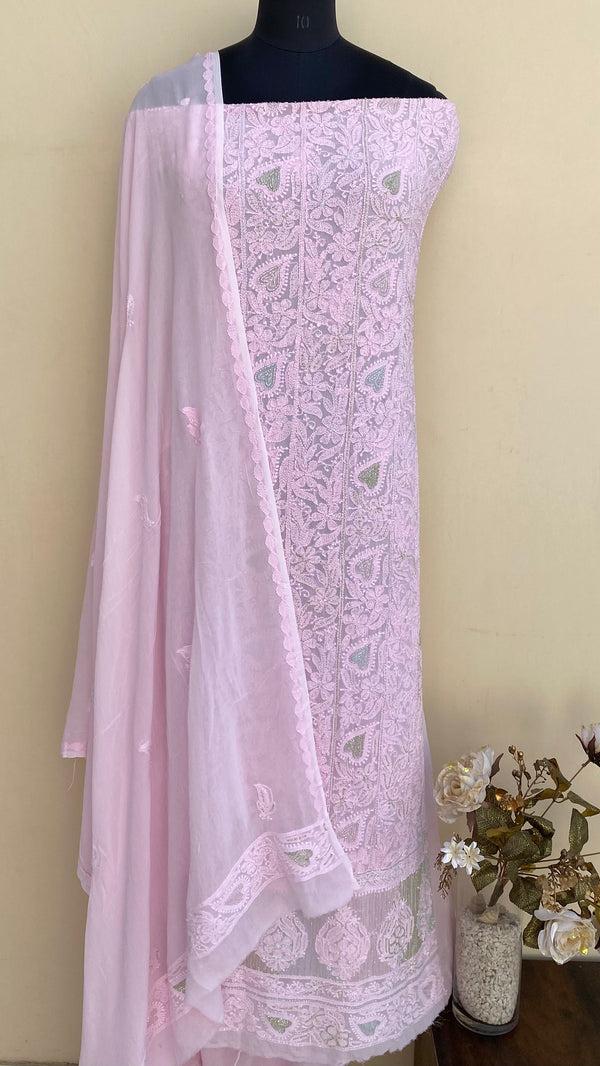 Lucknowi Chikankari Suit Length 2 Piece Pink Pure Georgette With Cut Dana Work