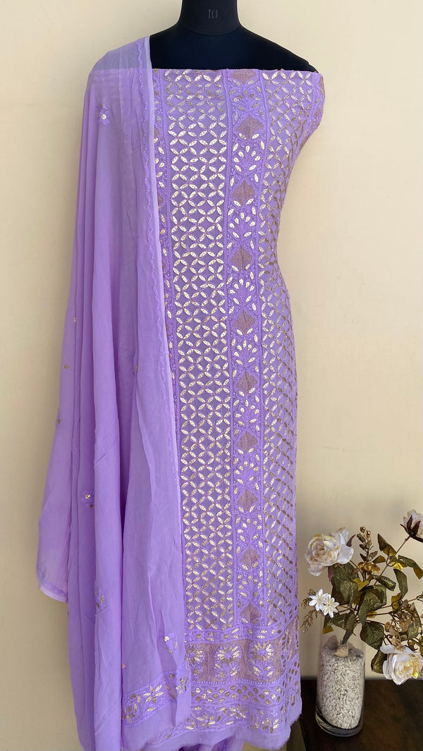 Lucknowi Chikankari Suit Length 2 Piece Purple Pure Georgette With Gotta Patti Work