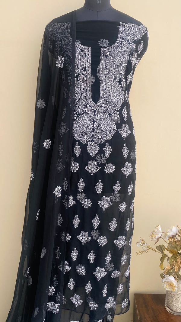 Lucknowi Chikankari Suit Length 3 Piece Black Georgette