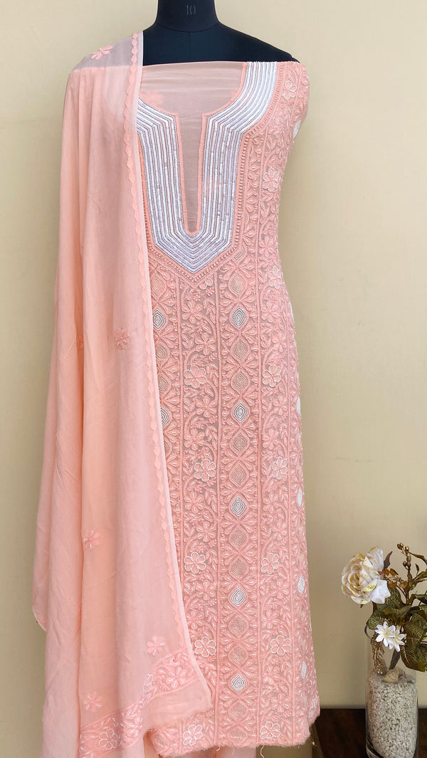 Lucknowi Chikankari Suit Length 2 Piece Peach Pure Georgette With Sequence & Pearl Work