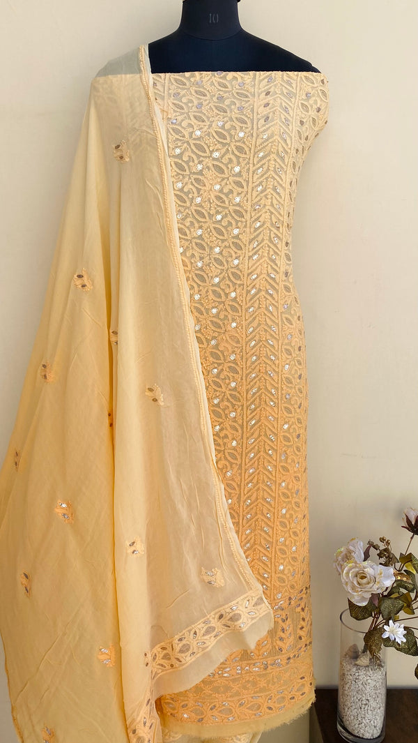 Lucknowi Chikankari Suit Length 2 Piece Mustard Ombre Pure Georgette With Gotta Patti Work