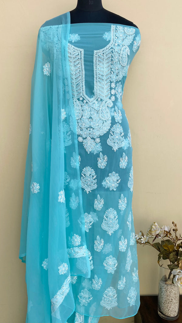 Lucknowi Chikankari Suit Length 3 Piece Sea Green Georgette