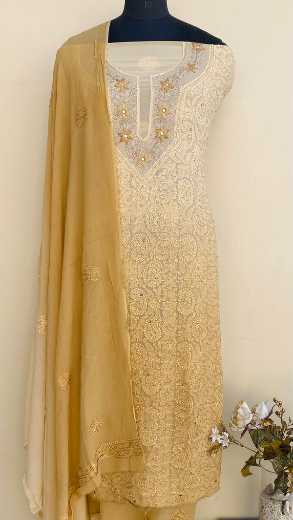 Lucknowi Chikankari Suit Length 2 Piece Beige Ombre Pure Georgette With Mukaish & Mirror Work