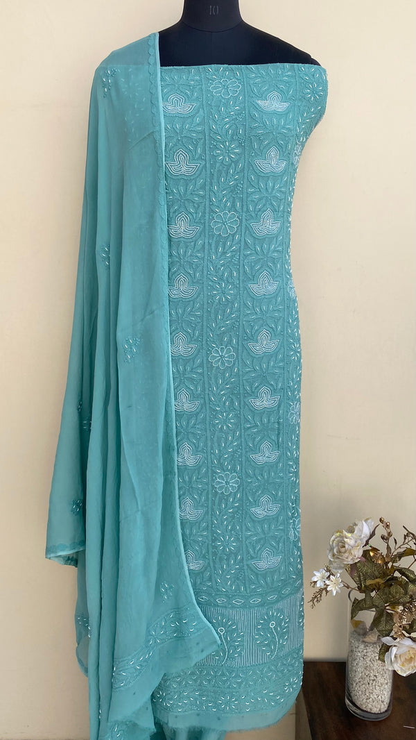 Lucknowi Chikankari Suit Length 2 Piece Teal Green Pure Georgette With Cut Dana & Pearl Work