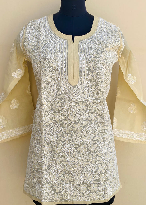 Lucknowi Chikankari Short Kurti Beige Cotton