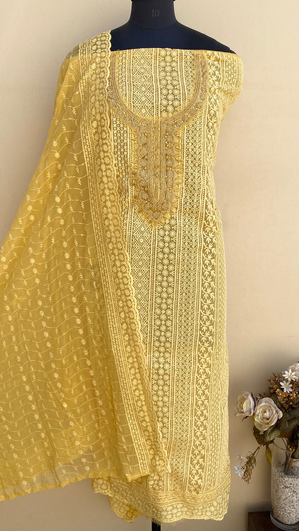 Chikankari Suit Length 3 Piece Mustard Georgette With Pearl & Cutdana Work