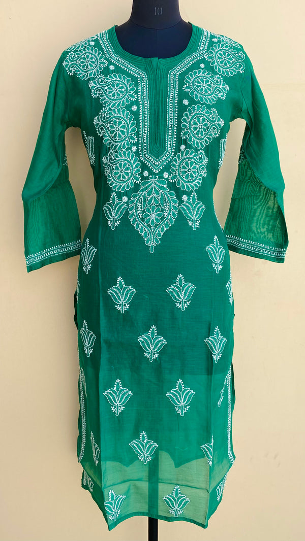 Lucknowi Chikankari Kurti Green Mal Chanderi