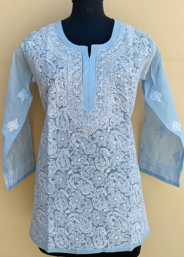 Lucknowi Chikankari Short Kurti Blue Cotton