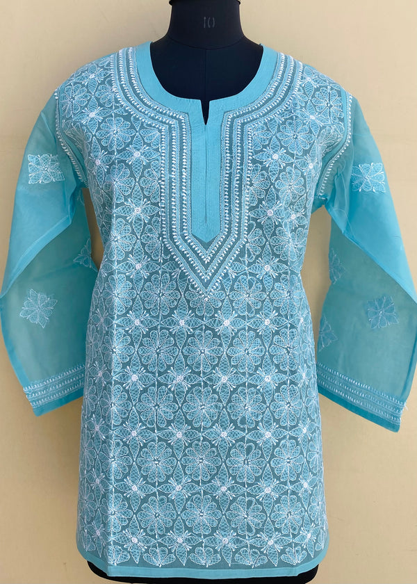 Lucknowi Chikankari Short Kurti Blue Cotton