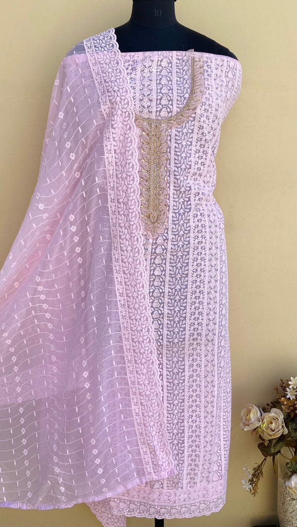 Chikankari Suit Length 3 Piece Pink Georgette With Pearl & Cutdana Work