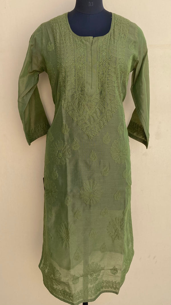 Lucknowi Chikankari Kurti Mehandi Green Mal Chanderi