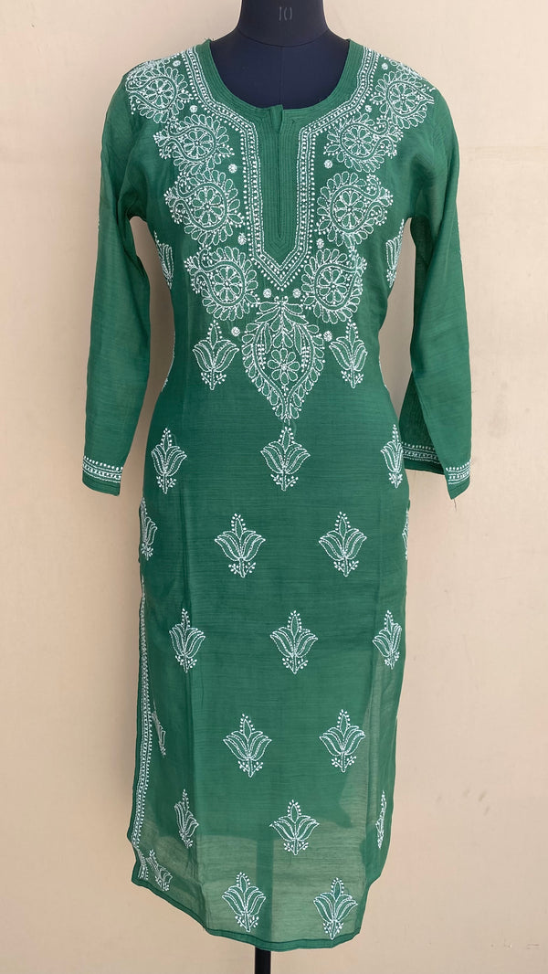 Lucknowi Chikankari Kurti Green Mal Chanderi