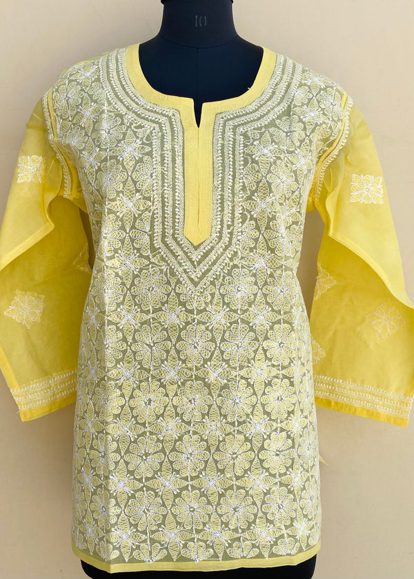 Lucknowi Chikankari Short Kurti Yellow Cotton